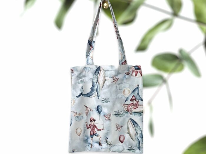 Tote bag personnalisé brodé prénom Pinocchio bleu clair, 2 tailles au choix
