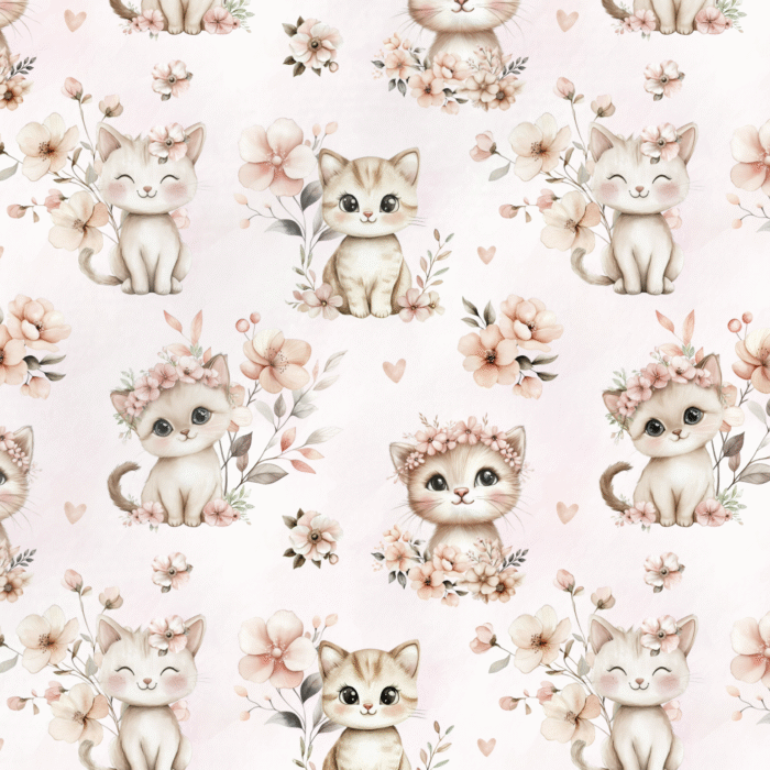 Tissu Exclusif Chats et Fleurs Rose, 11 tissus au choix