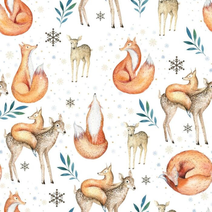 Tissu Imprimé Hiver Faon Renard, 7 tissus au choix