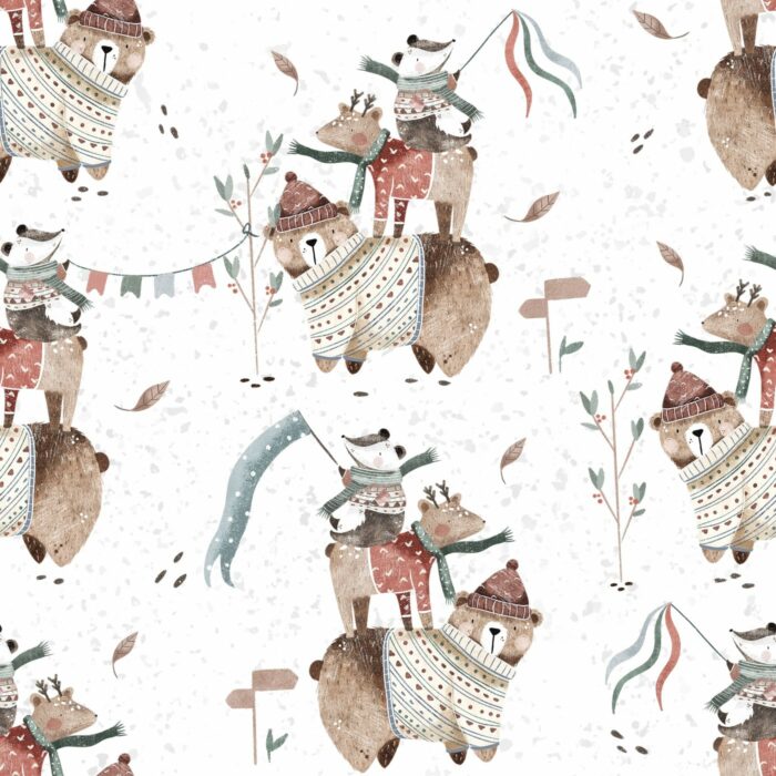 Tissu Imprimé Ourson Amis Hiver, 7 tissus au choix