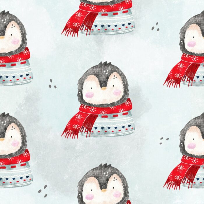 Tissu Imprimé Hiver Pingouin Adorable Ciel, 7 tissus au choix