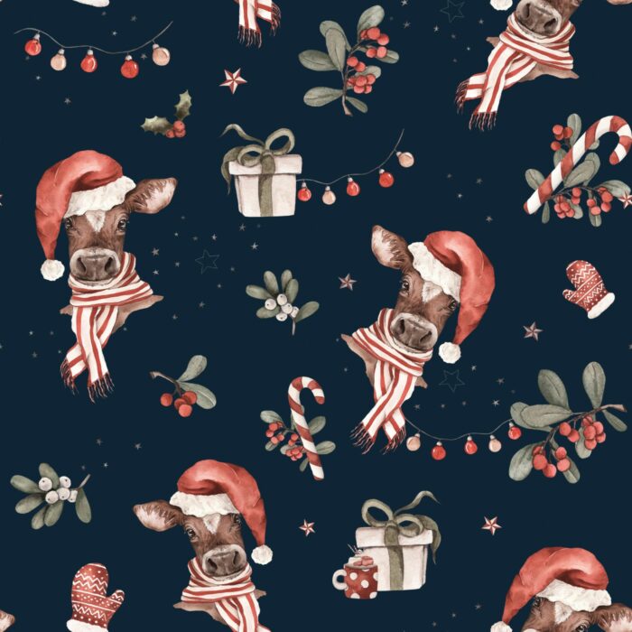Tissu Imprimé Noel Vache Rigolote Bleu, 7 tissus au choix