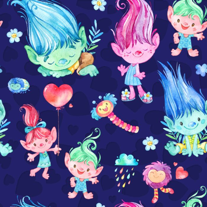 Tissu Imprimé Jouets Trolls Rigolos Bleu, 7 tissus au choix