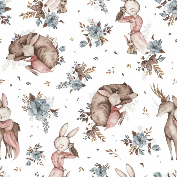 Tissu Imprimé Lapin Ourson Renne Blanc, 10 tissus au choix