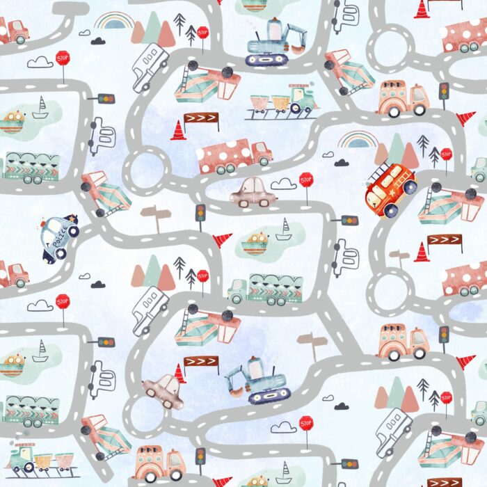 Tissu Imprimé Voitures Route, 10 tissus au choix