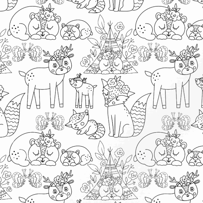 Tissu Exclusif Animaux Foret Boho A Colorier, 7 tissus au choix