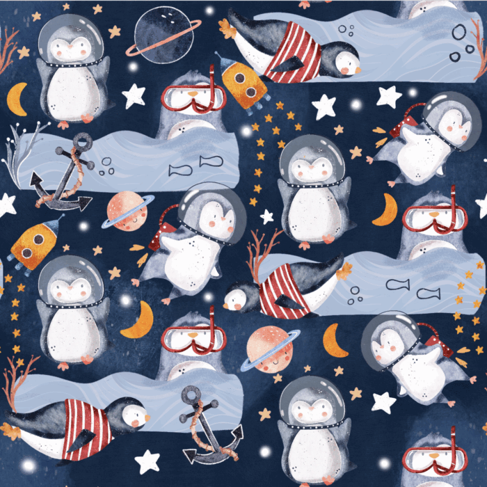 Tissu Imprimé Pingouin Mignon Espace, 10 tissus au choix
