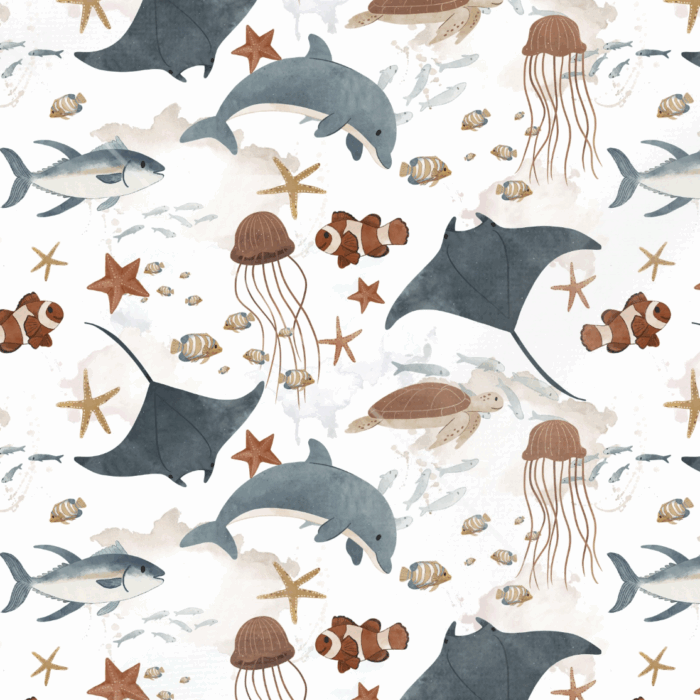 Tissu Imprimé Monde Marin Aquarelle Grand, 7 tissus au choix