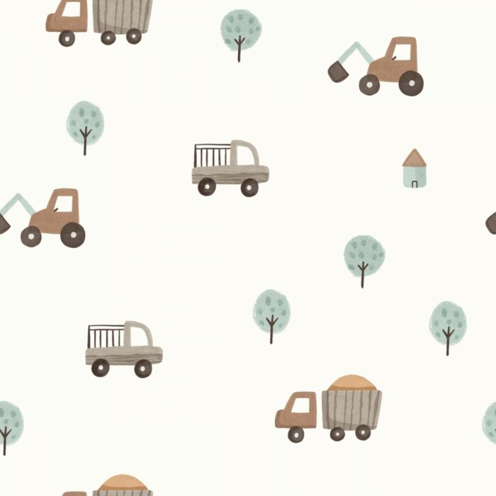 Tissu Imprimé Petits Camions Arbres Maisons, 7 tissus au choix