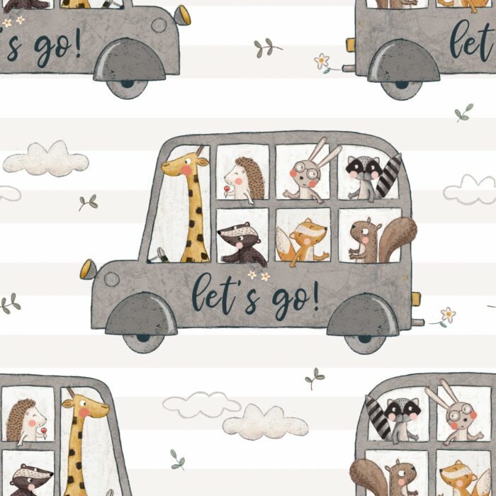 Tissu Imprimé Animaux Bus Gris, 10 tissus au choix