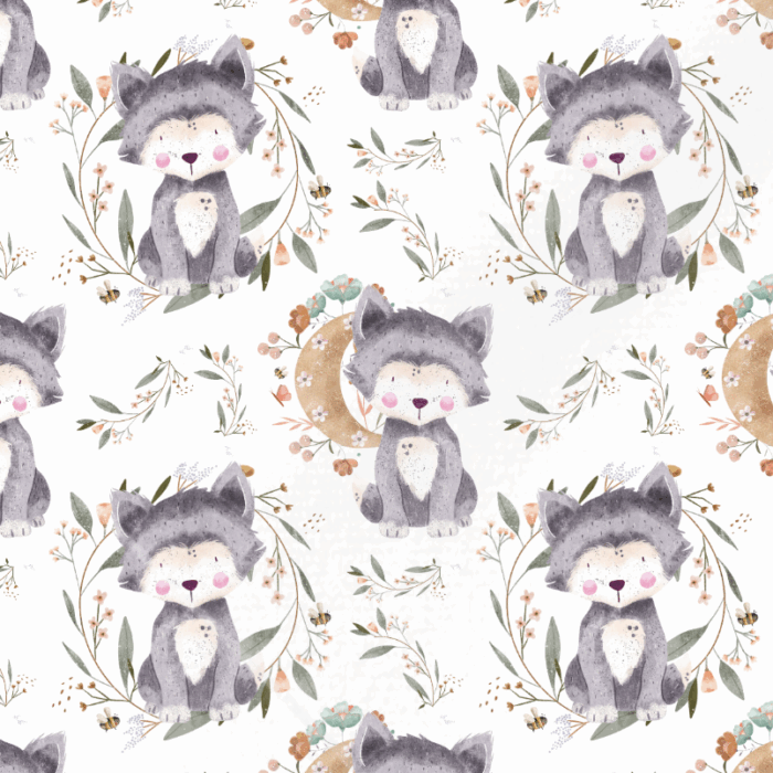 Tissu Imprimé Exclusif Loup Mignon Lune, 10 tissus au choix