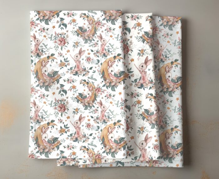 Tissu Imprimé Lapin Mignon Lune Fleuri Blanc, 7 tissus au choix – Image 4