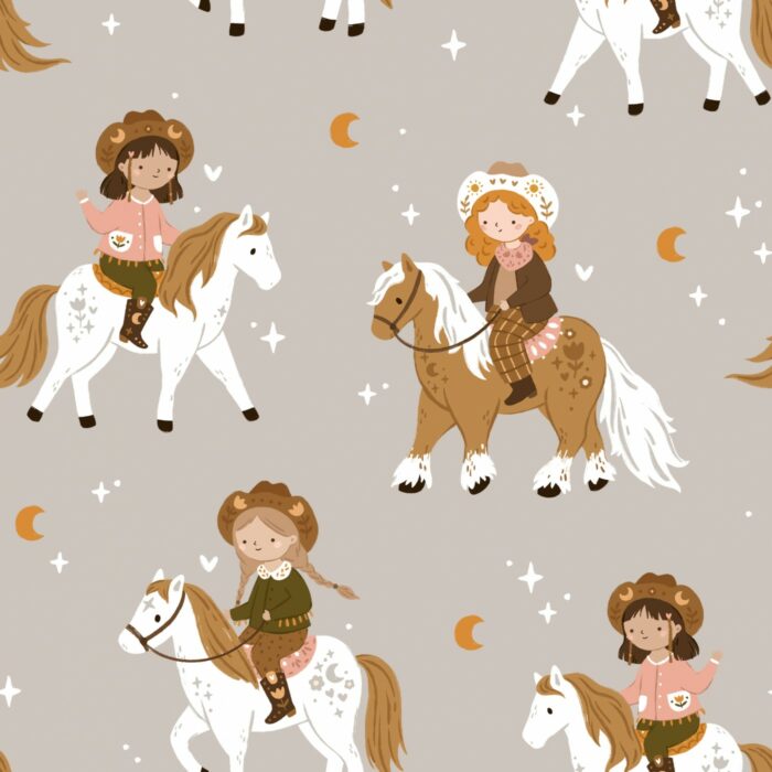 Tissu Imprimé Chevaux Étoiles Filles Gris, 7 tissus au choix