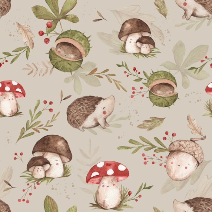 Tissu Imprimé Hérisson Châtaignes Beige, 7 tissus au choix