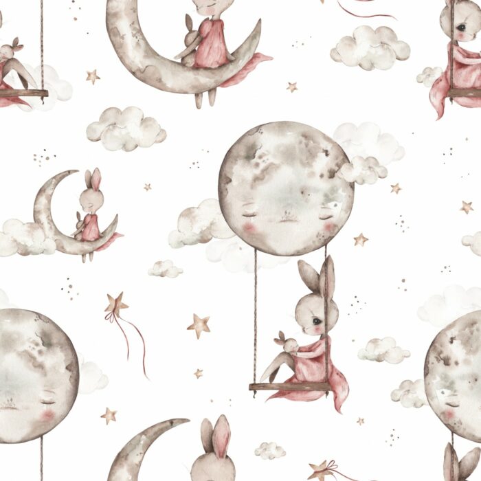 Tissu Imprimé Lapin Mignon Lune Blanc Grand, 7 tissus au choix