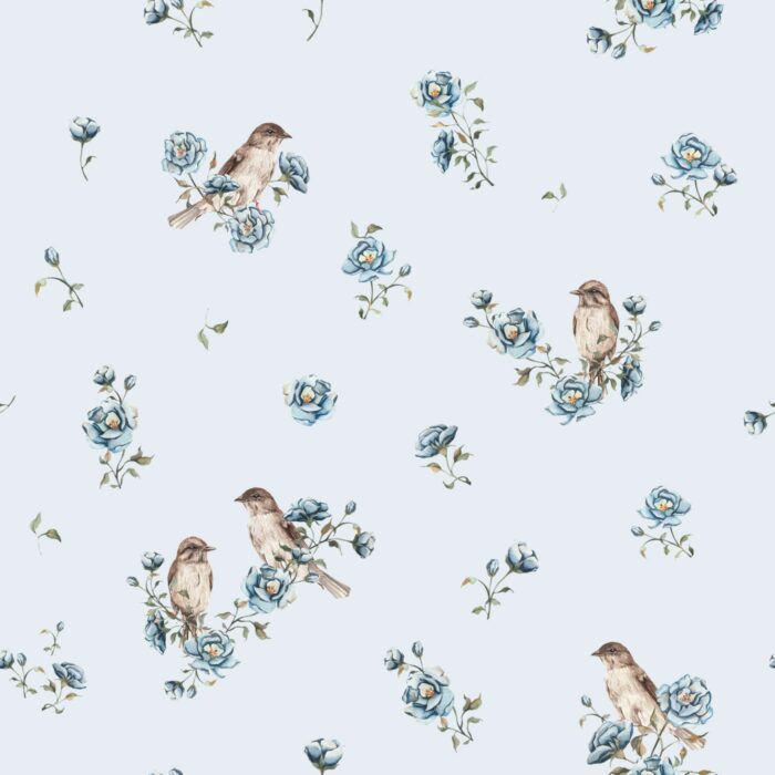 Tissu Imprimé Oiseaux Fleurs Bleues Bleu, 7 tissus au choix