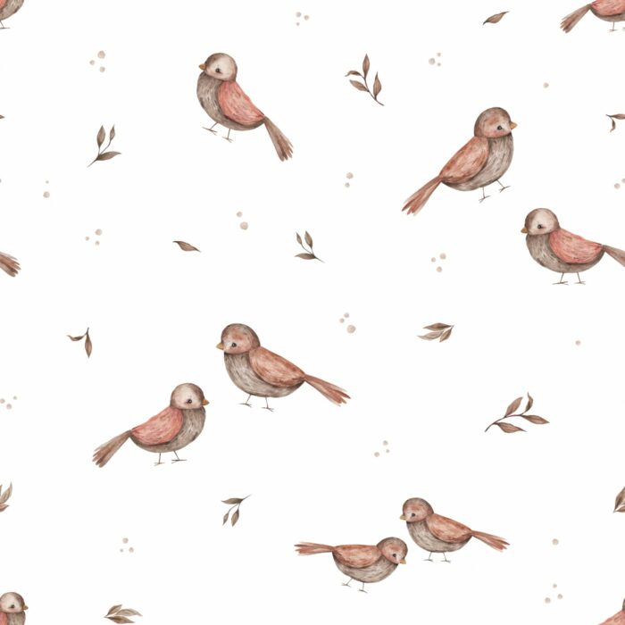 Tissu Imprimé Oiseaux Mignons Blanc Petit, 7 tissus au choix