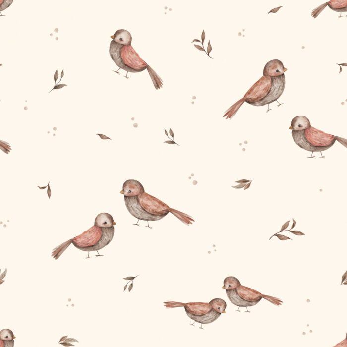 Tissu Imprimé Oiseaux Mignons Crème Grand, 7 tissus au choix