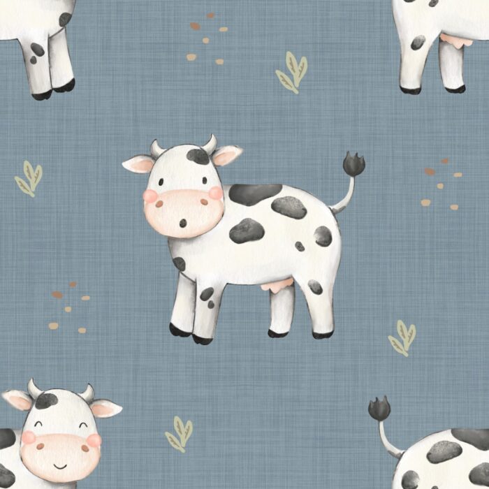 Tissu Imprimé Vache Heureuse Bleu, 10 tissus au choix