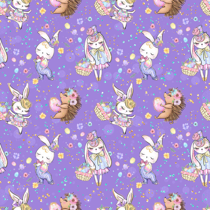 Tissu Imprimé Girly Paques Lapin Hérisson Violet, 10 tissus au choix