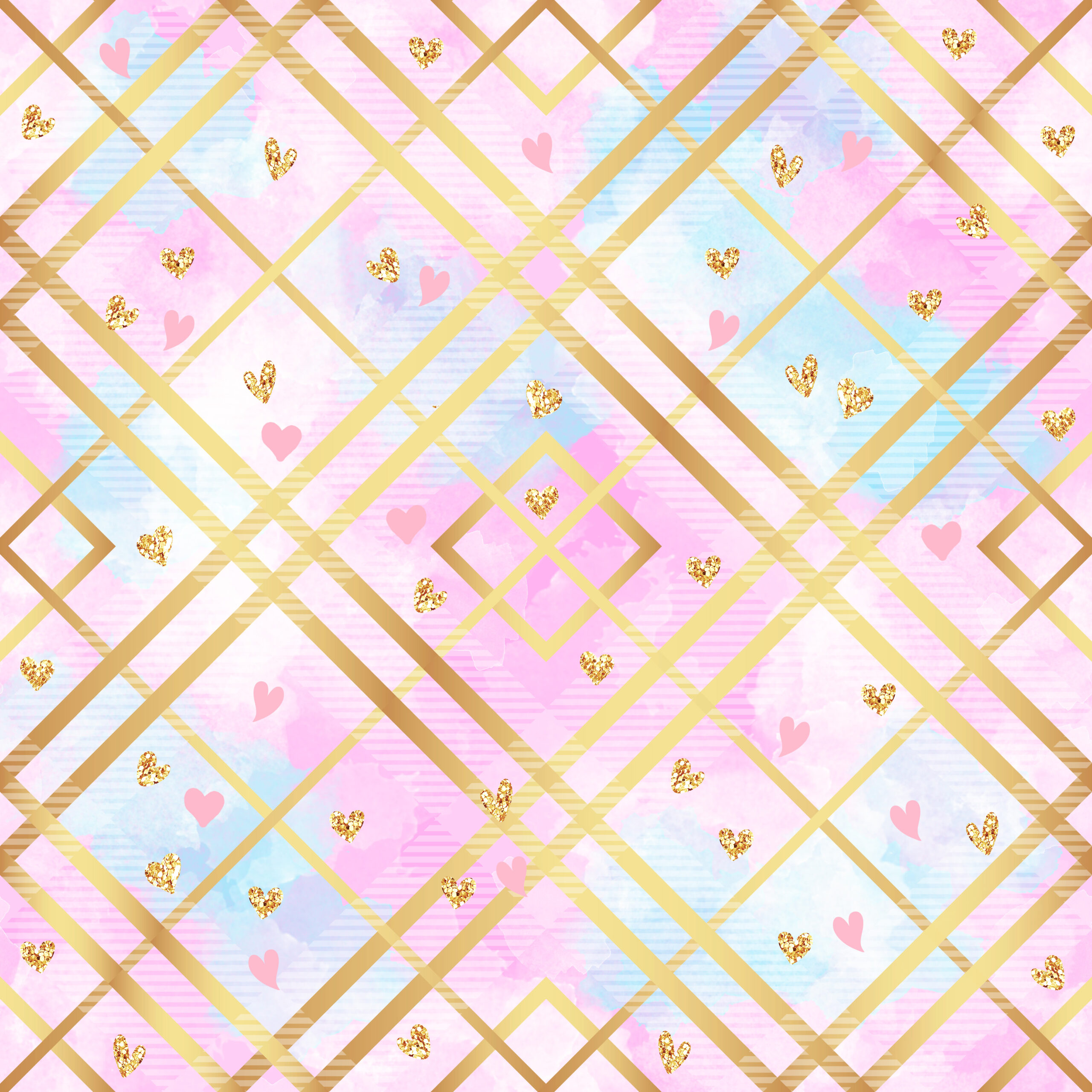 Tissu Imprimé Girly Carreaux Dorés Coeurs, 10 tissus au choix