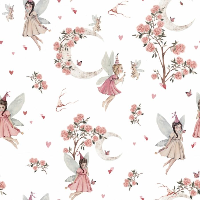 Tissu Imprimé Fées Lune Fleurs Blanc, 10 tissus au choix