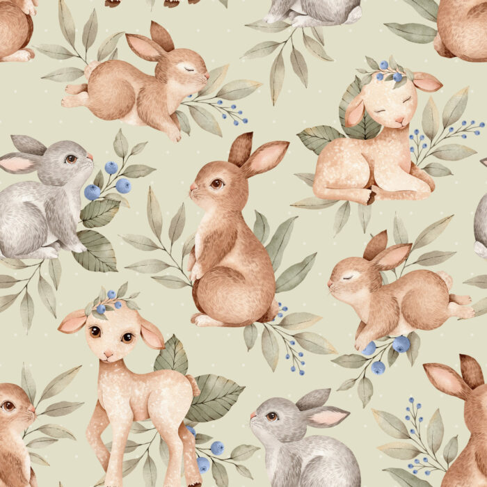Tissu Imprimé Lapin et Agneau Vert Grand, 10 tissus au choix – Image 2