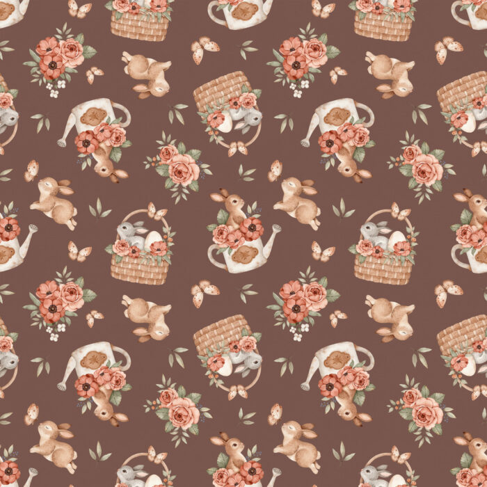 Tissu Imprimé Lapin Paques Fleurs Marron Petit, 10 tissus au choix