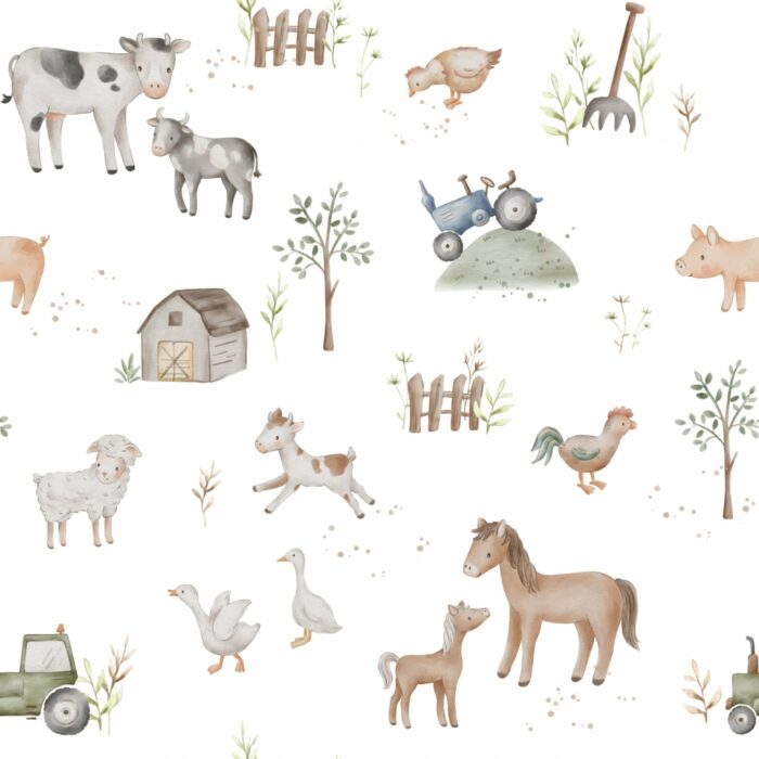 Tissu Imprimé Animaux de la Ferme Blanc, 10 tissus au choix