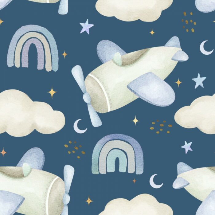 Tissu Imprimé Bébé Avion Arc-en-ciel Bleu, 10 tissus au choix