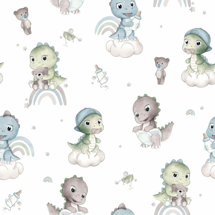 Tissu Imprimé Bébé Dinosaure Arc-en-ciel Blanc, 10 tissus au choix