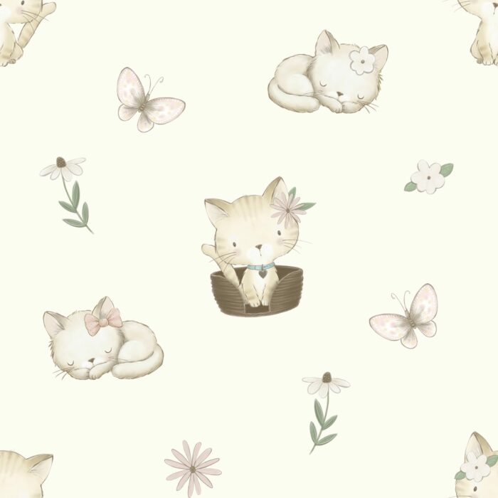 Tissu Imprimé Exclusif Chaton Mignon Crème, 10 tissus au choix