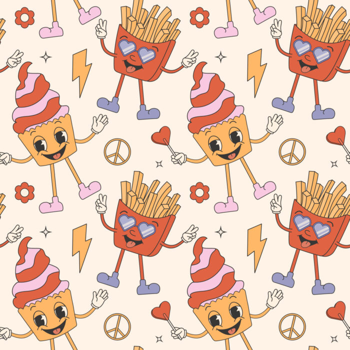 Tissu Imprimé Retro Groovy Frites, 10 tissus au choix