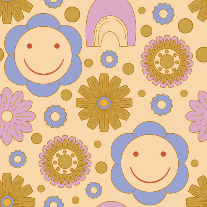 Tissu Imprimé Retro Groovy Smile Fleurs, 10 tissus au choix