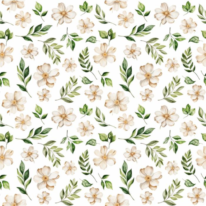 Tissu Imprimé Fleurs Blanches Feuilles, 10 tissus au choix