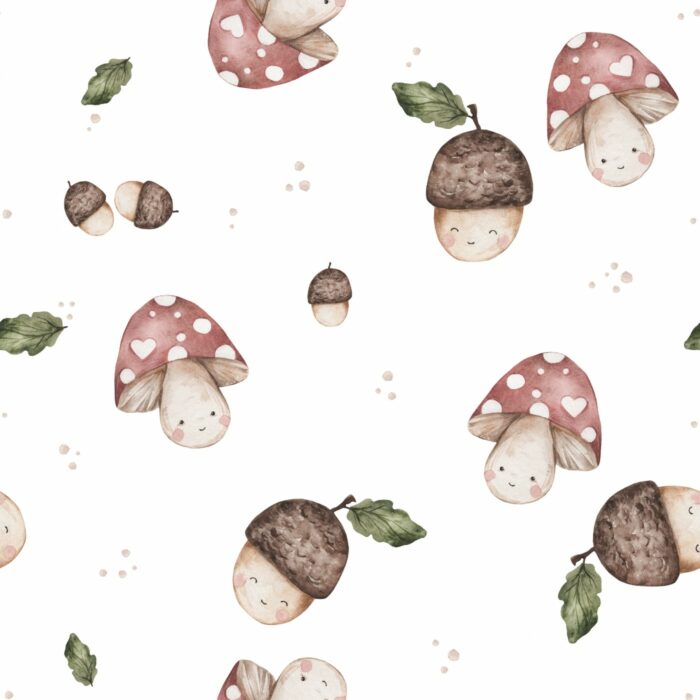 Tissu Imprimé Champignon Gland Mignon Blanc, 11 tissus au choix
