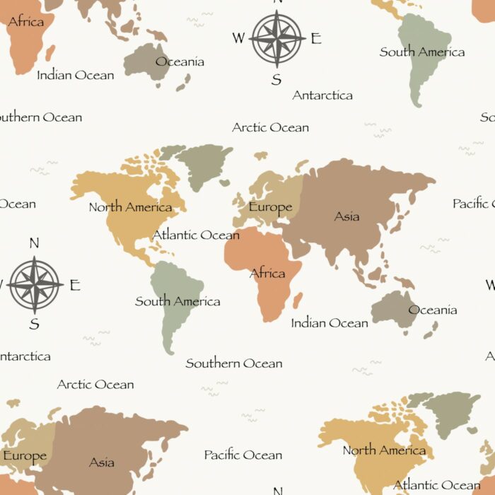 Tissu Imprimé Carte du Monde Boussole Orange, 11 tissus au choix