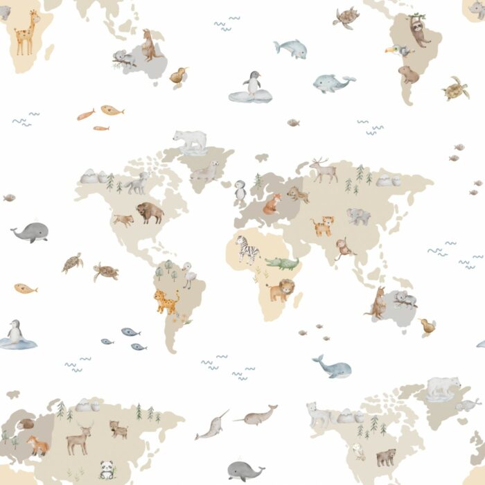 Tissu Imprimé Carte du Monde Animaux Blanc, 11 tissus au choix
