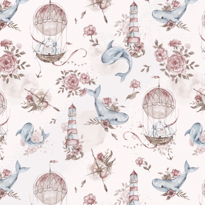 Tissu Imprimé Marin Baleine et Fleurs, 2 coloris et 11 tissus au choix