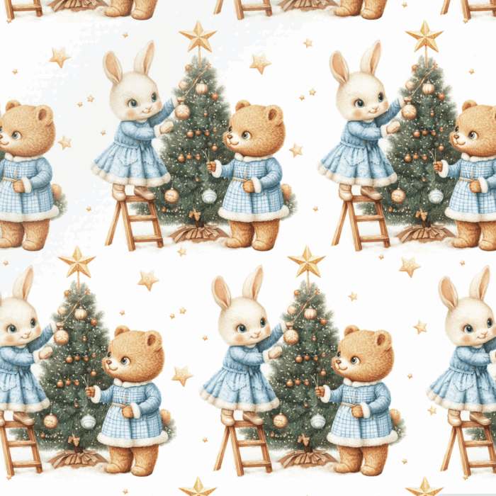 Tissu Imprimé Noel Lapin Ourson Sapin, 11 tissus au choix