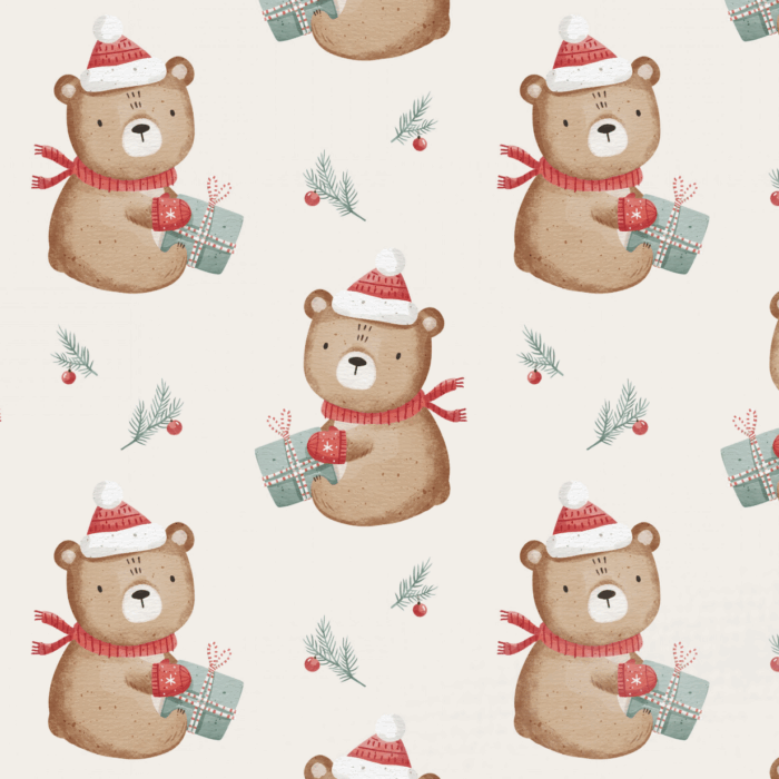 Tissu Imprimé Noel Ourson Cadeau, 4 coloris et 11 tissus au choix