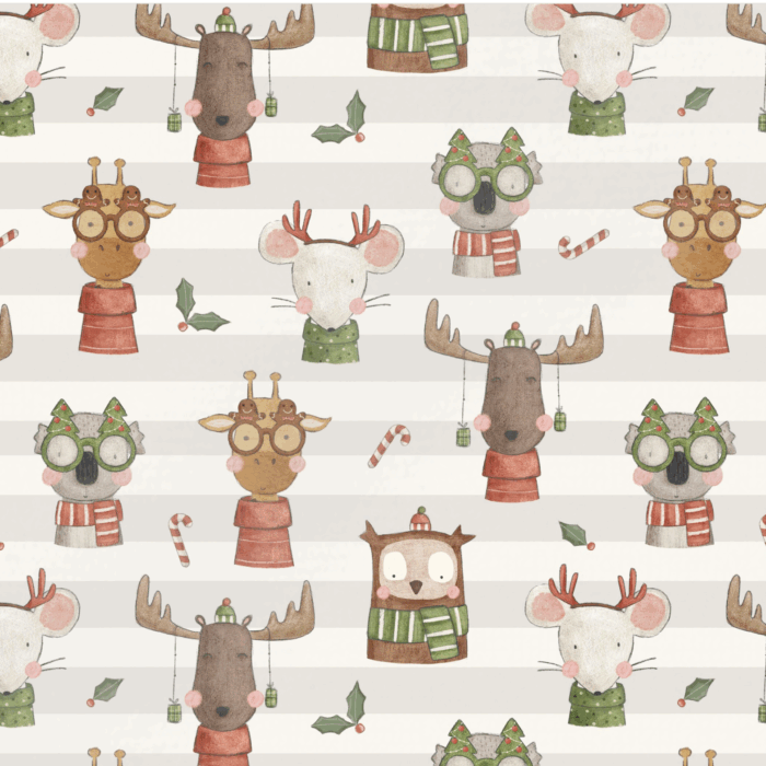 Tissu Imprimé Noel Animaux Lunettes Rayures, 11 tissus au choix