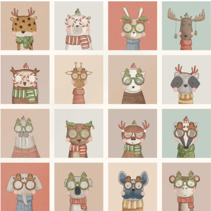 Tissu Imprimé Noel Animaux Lunettes Amis, 11 tissus au choix