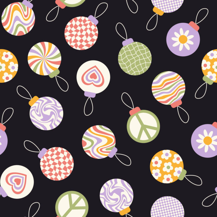 Tissu Imprimé Noel Retro Boules Hippie, 11 tissus au choix