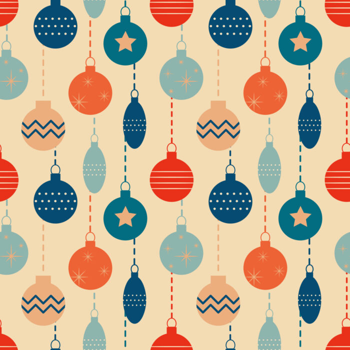 Tissu Imprimé Retro Noel Vintage Beige Boules, 11 tissus au choix