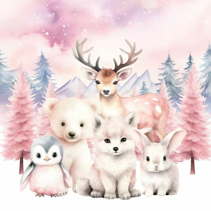 Panneau Hiver Polaire Animaux Rose, taille au choix