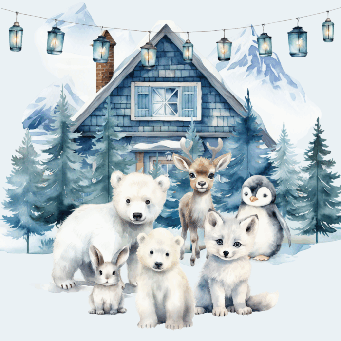 Panneau Hiver Polaire Animaux Maison, taille au choix