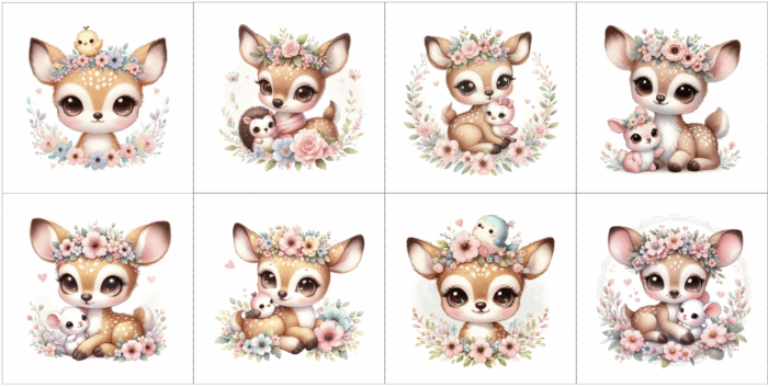 Panneau 8 lingettes lavables 12x12cm Faon Mignon Fleurs