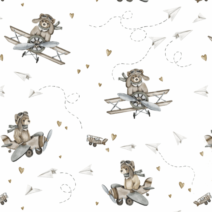 Tissu Imprimé Avion Ourson Peluche Blanc, 10 tissus au choix