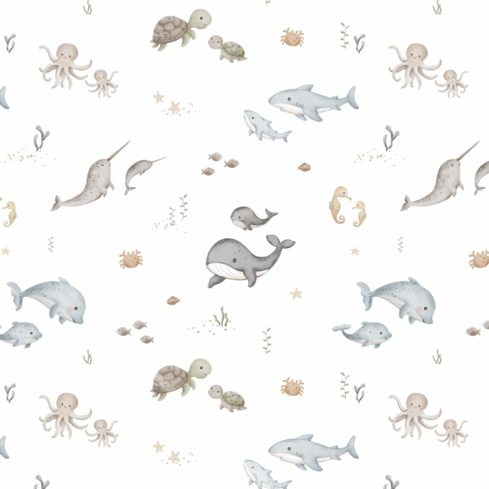 Tissu Imprimé Baleine Amis Minimaliste Blanc, 10 tissus au choix